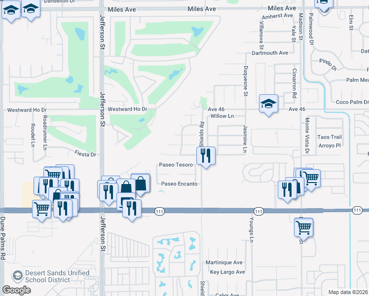 map of restaurants, bars, coffee shops, grocery stores, and more near 80383 Sabita Drive in Indio