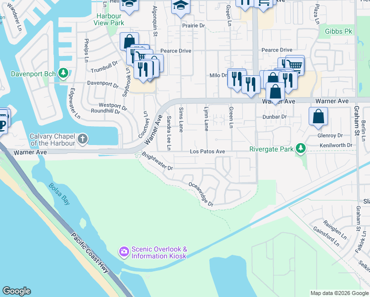 map of restaurants, bars, coffee shops, grocery stores, and more near 4621 Los Patos Avenue in Huntington Beach