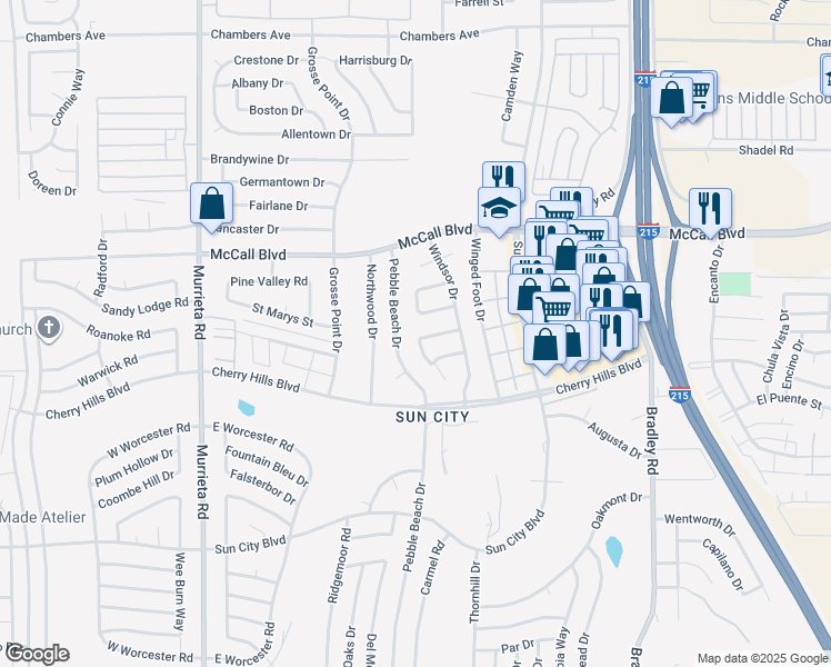 map of restaurants, bars, coffee shops, grocery stores, and more near 26450 New Bedford Road in Menifee
