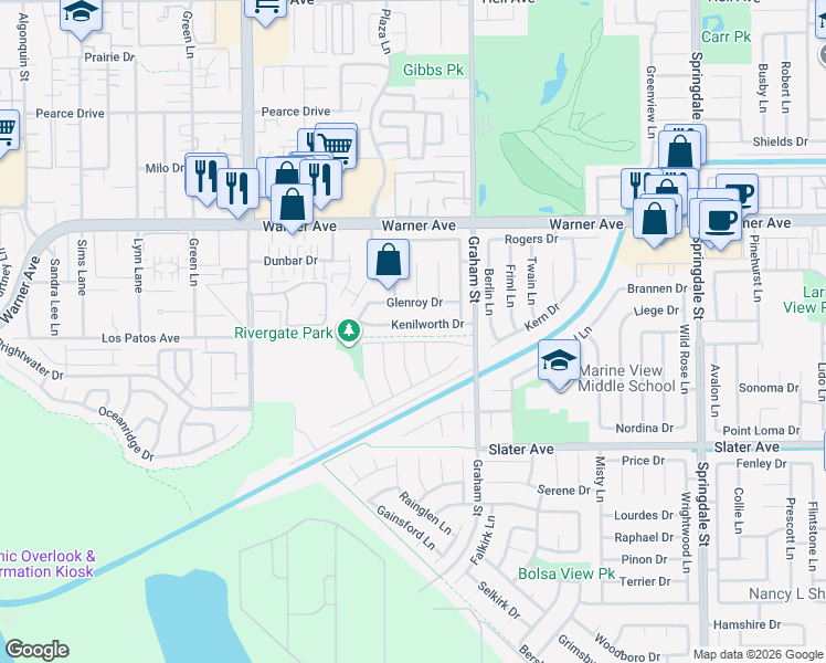 map of restaurants, bars, coffee shops, grocery stores, and more near 5342 Kenilworth Drive in Huntington Beach