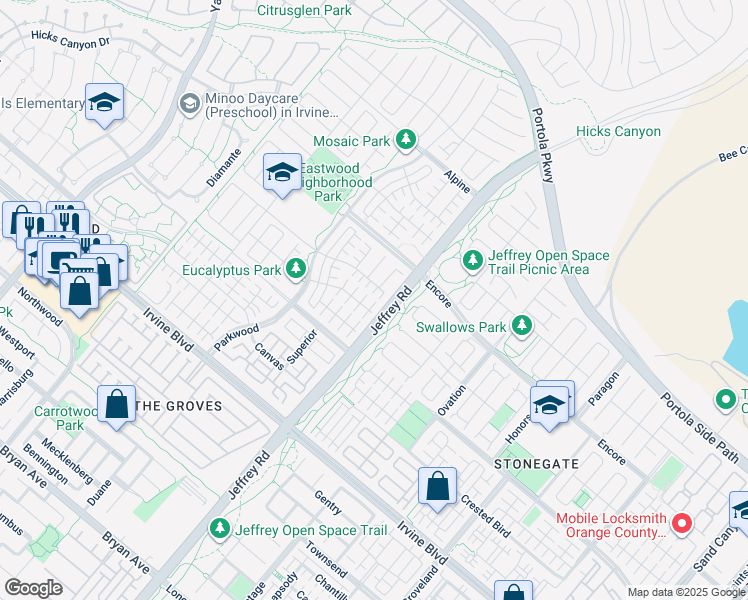map of restaurants, bars, coffee shops, grocery stores, and more near 71 Tollson in Irvine