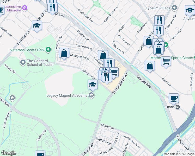 map of restaurants, bars, coffee shops, grocery stores, and more near 15236 Cambridge Street in Tustin