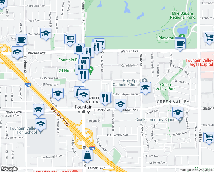 map of restaurants, bars, coffee shops, grocery stores, and more near 10197 Pike Avenue in Fountain Valley