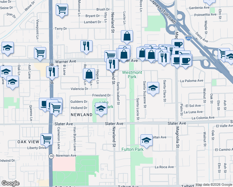map of restaurants, bars, coffee shops, grocery stores, and more near 8542 La Casita Avenue in Fountain Valley