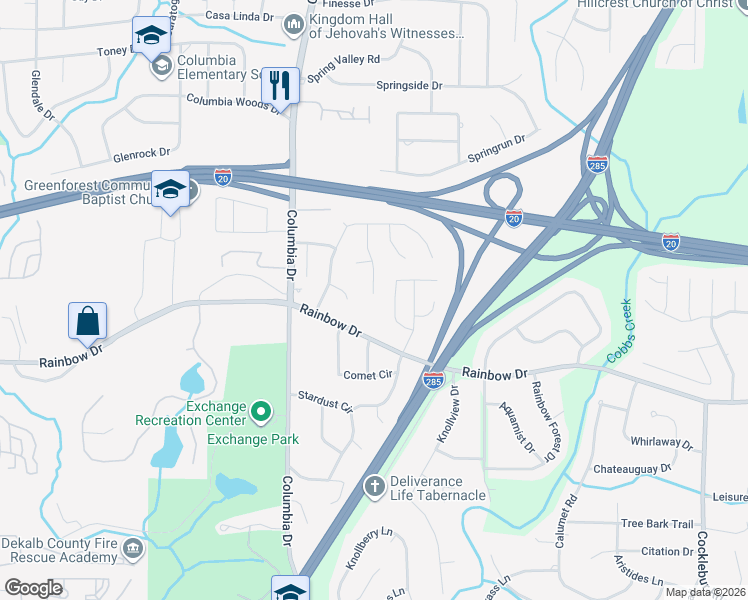 map of restaurants, bars, coffee shops, grocery stores, and more near 2574 Greenville Way in Decatur