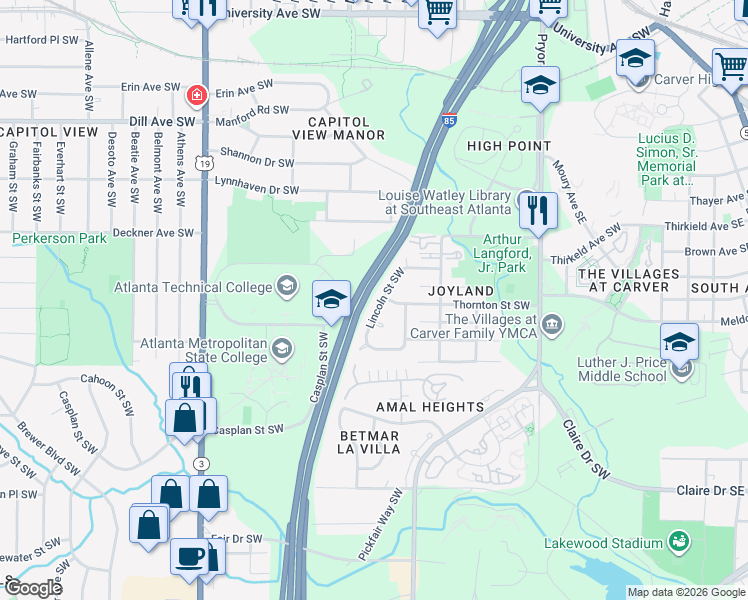 map of restaurants, bars, coffee shops, grocery stores, and more near 353 Lincoln Street Southwest in Atlanta