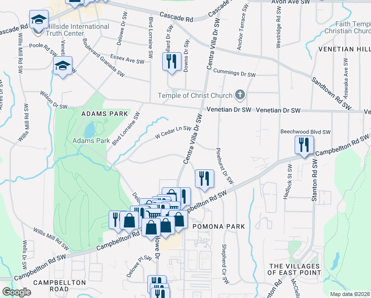 map of restaurants, bars, coffee shops, grocery stores, and more near 1595 Centra Villa Drive Southwest in Atlanta