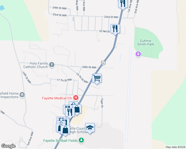 map of restaurants, bars, coffee shops, grocery stores, and more near 147-153 20th Street Northwest in Fayette