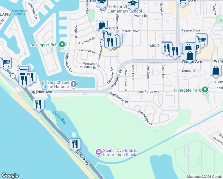 map of restaurants, bars, coffee shops, grocery stores, and more near 4461 Los Patos Avenue in Huntington Beach