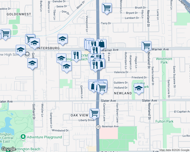 map of restaurants, bars, coffee shops, grocery stores, and more near 17251 Beach Boulevard in Huntington Beach