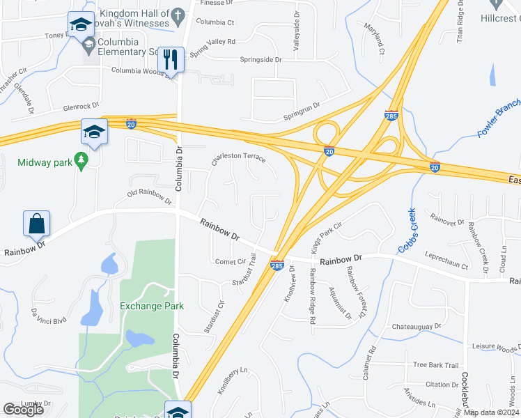 map of restaurants, bars, coffee shops, grocery stores, and more near 2585 Stardust Trail in Decatur