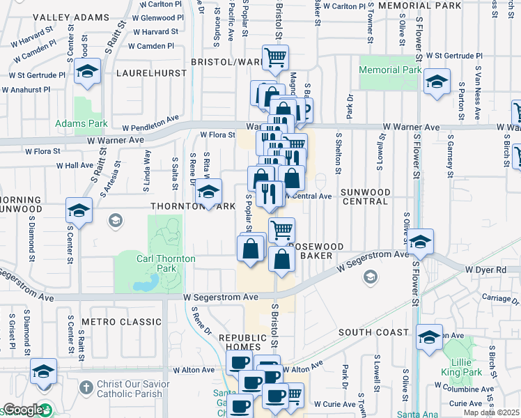 map of restaurants, bars, coffee shops, grocery stores, and more near 2604 South Bristol Street in Santa Ana