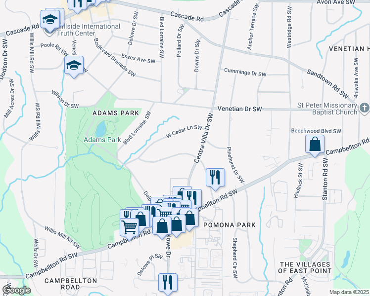 map of restaurants, bars, coffee shops, grocery stores, and more near 2080 West Cedar Lane Southwest in Atlanta