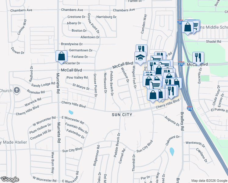 map of restaurants, bars, coffee shops, grocery stores, and more near 28160 Pebble Beach Drive in Menifee