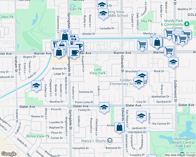 map of restaurants, bars, coffee shops, grocery stores, and more near 17231 Lido Lane in Huntington Beach