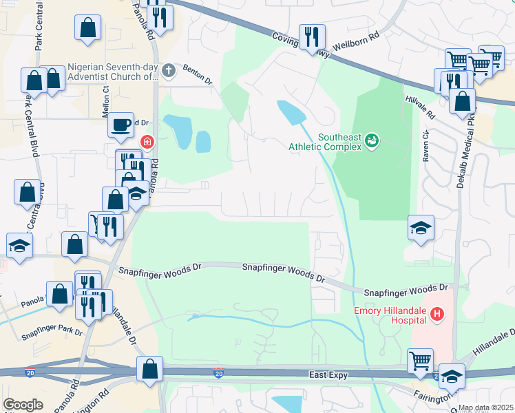 map of restaurants, bars, coffee shops, grocery stores, and more near 2544 Lancewood Lane in Lithonia