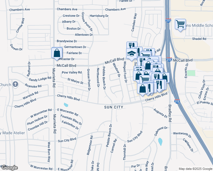 map of restaurants, bars, coffee shops, grocery stores, and more near 28160 Pebble Beach Drive in Menifee