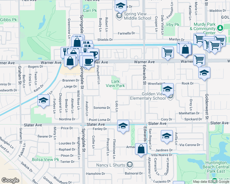 map of restaurants, bars, coffee shops, grocery stores, and more near 17231 Lido Lane in Huntington Beach