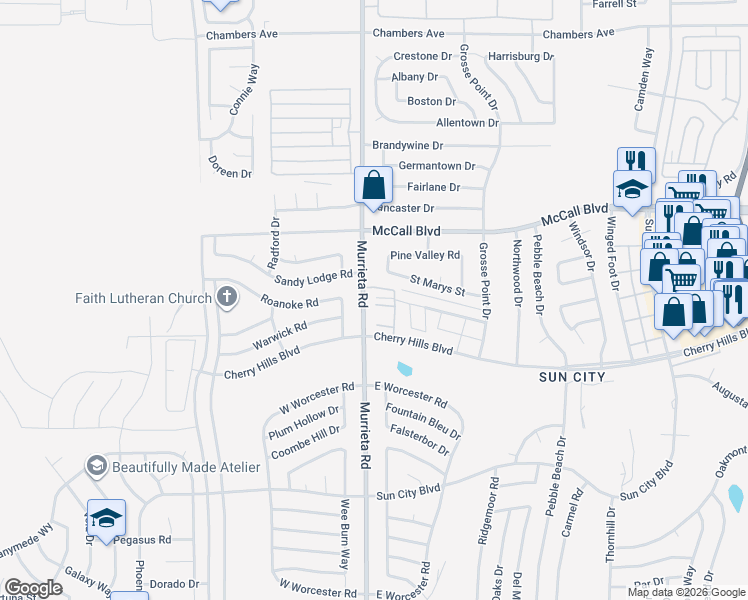 map of restaurants, bars, coffee shops, grocery stores, and more near 26030 Bonita Vista Court in Menifee