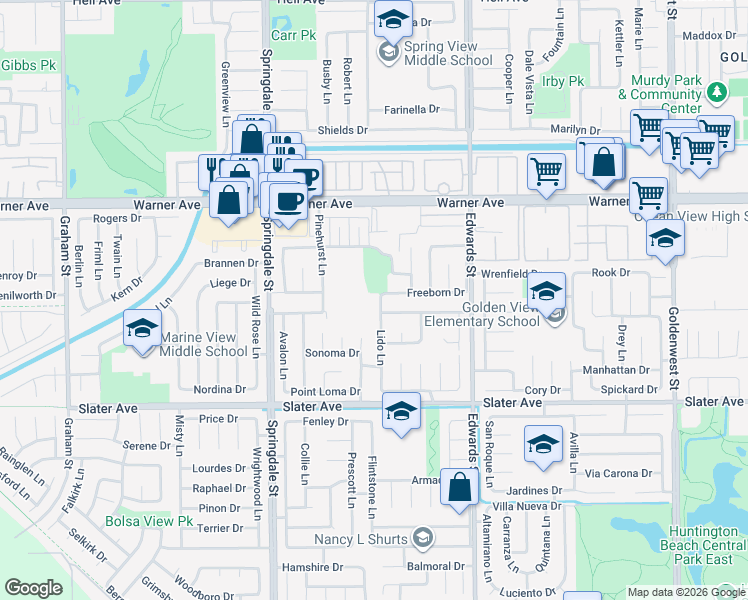 map of restaurants, bars, coffee shops, grocery stores, and more near 17231 Lido Lane in Huntington Beach