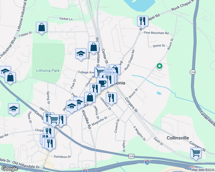 map of restaurants, bars, coffee shops, grocery stores, and more near 6970 Main Street in Lithonia