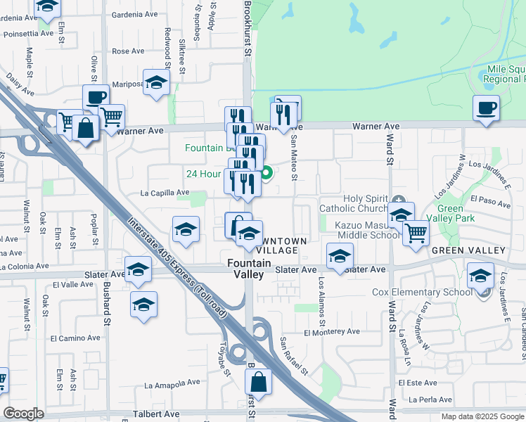 map of restaurants, bars, coffee shops, grocery stores, and more near 17330 Brookhurst Street in Fountain Valley