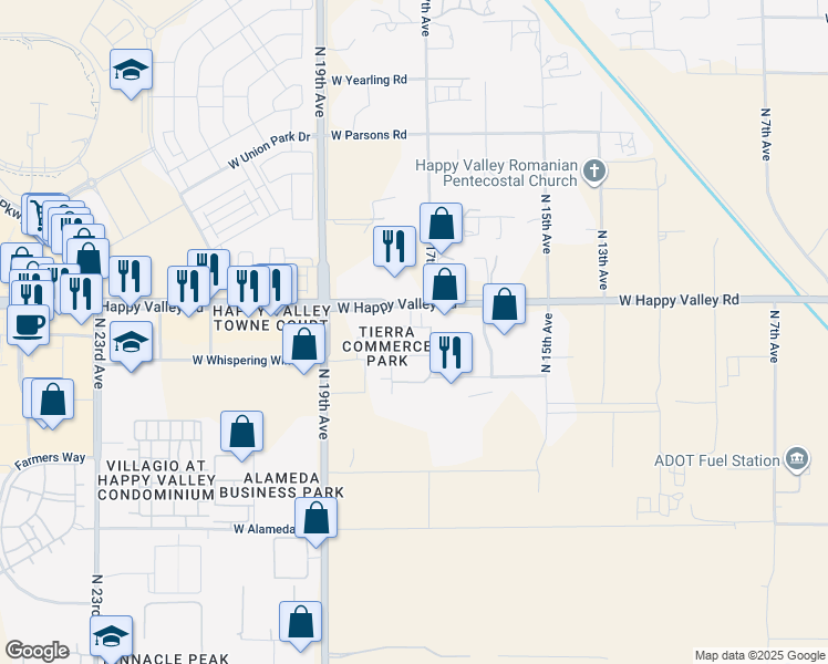 map of restaurants, bars, coffee shops, grocery stores, and more near 1717 West Happy Valley Road in Phoenix
