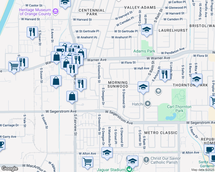 map of restaurants, bars, coffee shops, grocery stores, and more near 2518 West Adams Street in Santa Ana