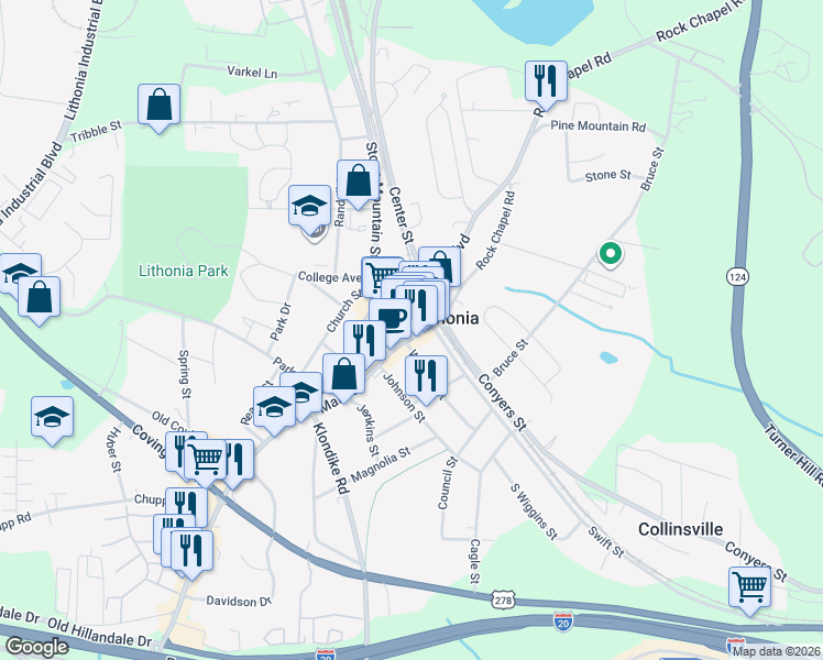 map of restaurants, bars, coffee shops, grocery stores, and more near 6970 Main Street in Lithonia