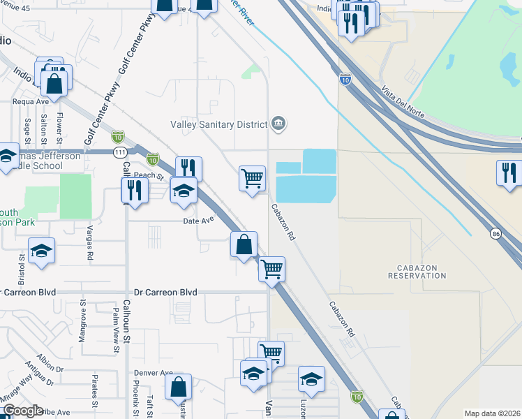 map of restaurants, bars, coffee shops, grocery stores, and more near 80394 Avenue 48 in Indio