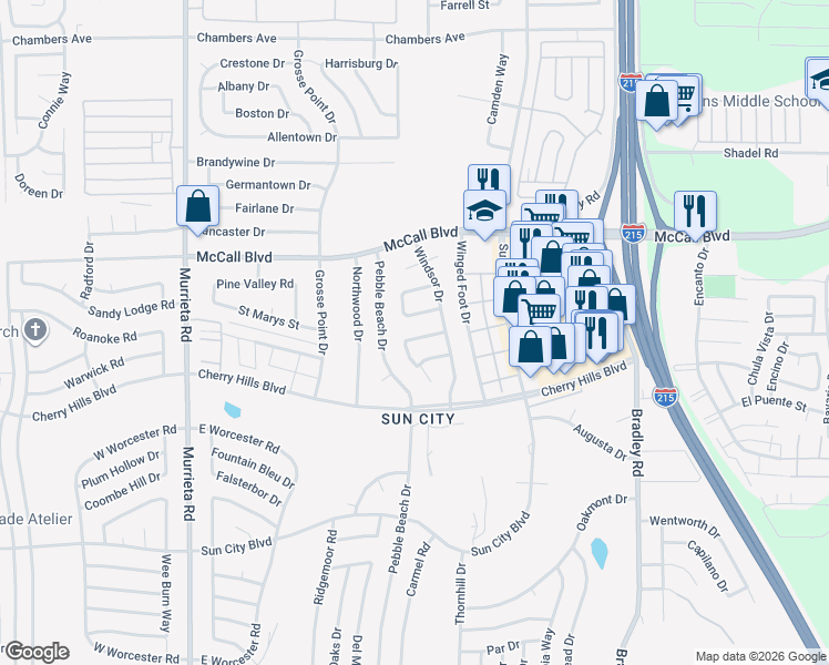 map of restaurants, bars, coffee shops, grocery stores, and more near 26470 New Bedford Road in Menifee