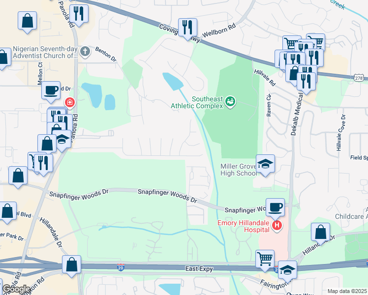 map of restaurants, bars, coffee shops, grocery stores, and more near 2536 Willenhall Way in Lithonia