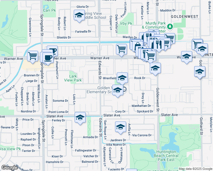 map of restaurants, bars, coffee shops, grocery stores, and more near 6561 Dohrn Circle in Huntington Beach