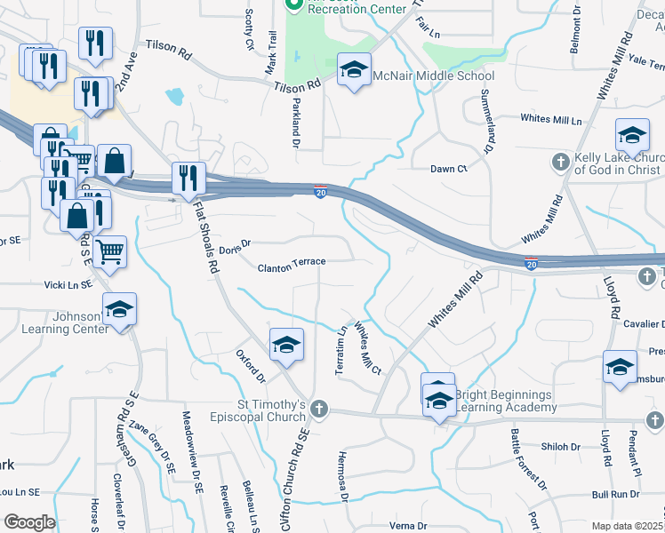 map of restaurants, bars, coffee shops, grocery stores, and more near 2249 Clanton Terrace in Decatur