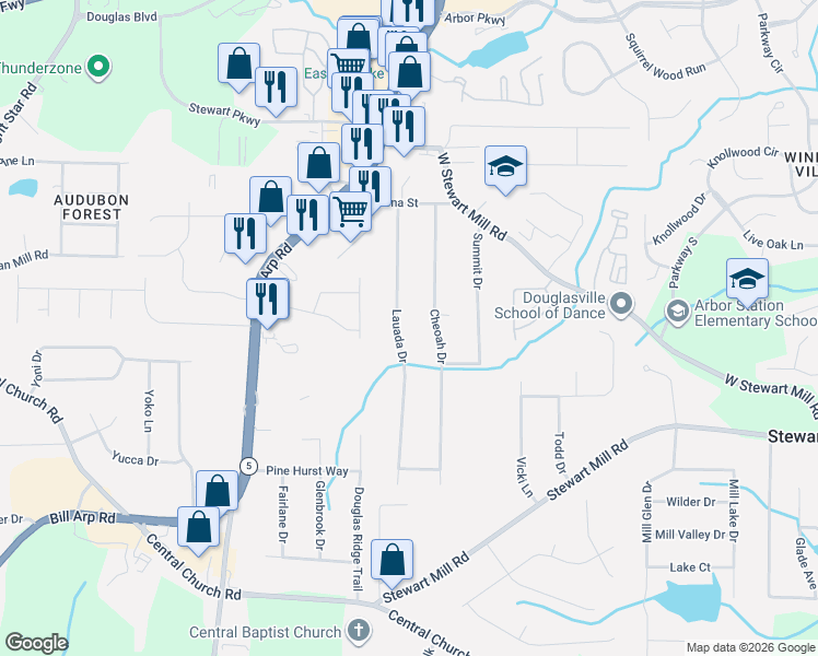 map of restaurants, bars, coffee shops, grocery stores, and more near 3918 Cheoah Drive in Douglasville