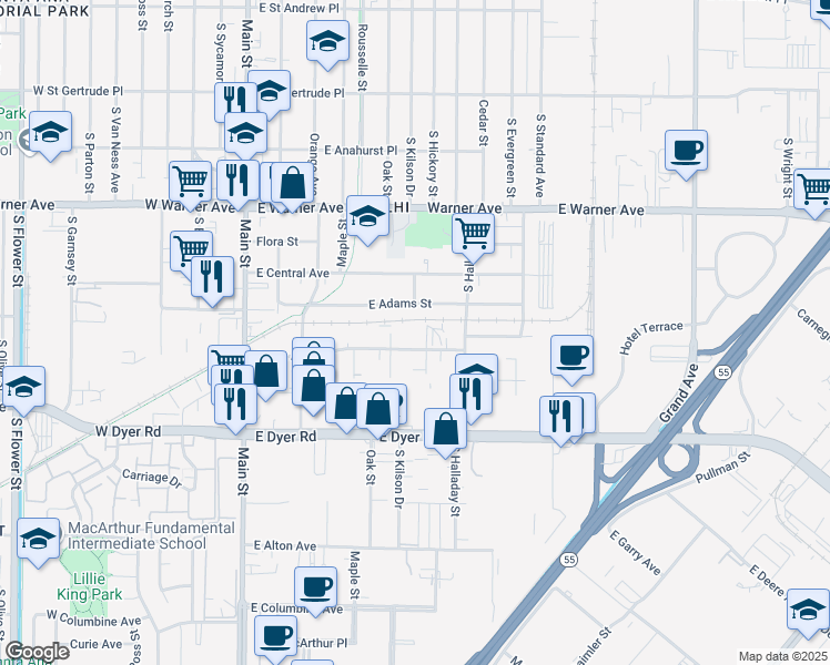 map of restaurants, bars, coffee shops, grocery stores, and more near 508 East Adams Street in Santa Ana