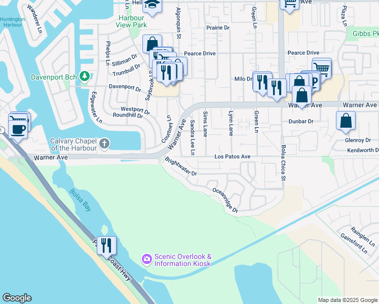 map of restaurants, bars, coffee shops, grocery stores, and more near 17211 Sandra Lee Lane in Huntington Beach