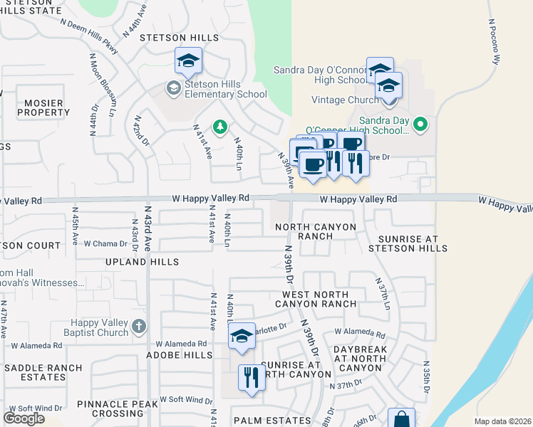 map of restaurants, bars, coffee shops, grocery stores, and more near 3951 West Happy Valley Road in Glendale
