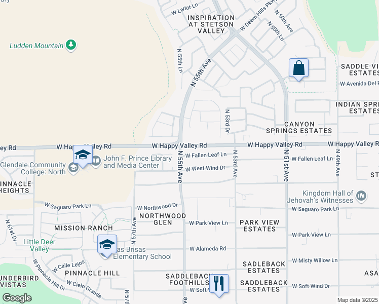 map of restaurants, bars, coffee shops, grocery stores, and more near 5430 West Happy Valley Road in Phoenix