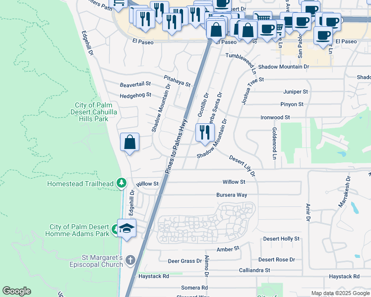 map of restaurants, bars, coffee shops, grocery stores, and more near 28 Ocotillo Drive in Palm Desert