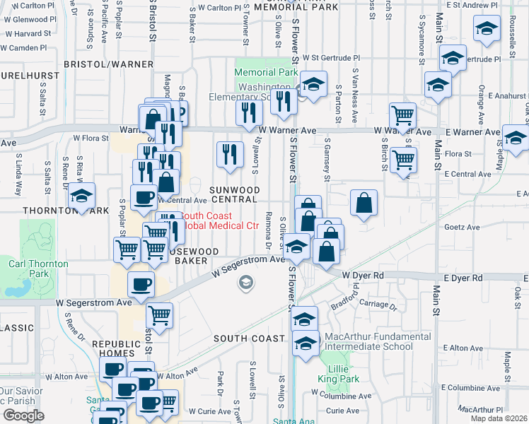 map of restaurants, bars, coffee shops, grocery stores, and more near 2501 South Lowell Street in Santa Ana
