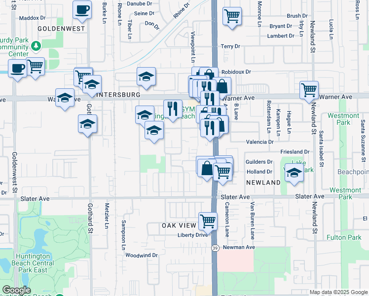 map of restaurants, bars, coffee shops, grocery stores, and more near 17216 Ash Lane in Huntington Beach