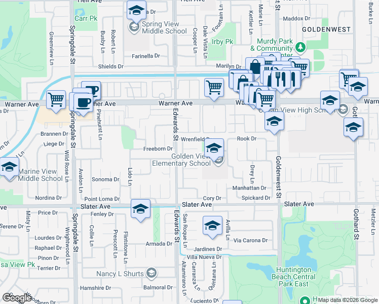 map of restaurants, bars, coffee shops, grocery stores, and more near 6561 Dohrn Circle in Huntington Beach