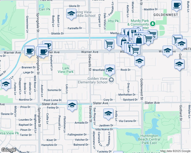 map of restaurants, bars, coffee shops, grocery stores, and more near 6561 Dohrn Circle in Huntington Beach