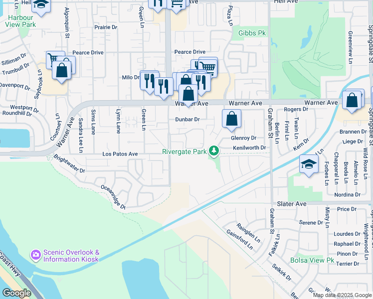map of restaurants, bars, coffee shops, grocery stores, and more near 5101 Tortuga Drive in Huntington Beach