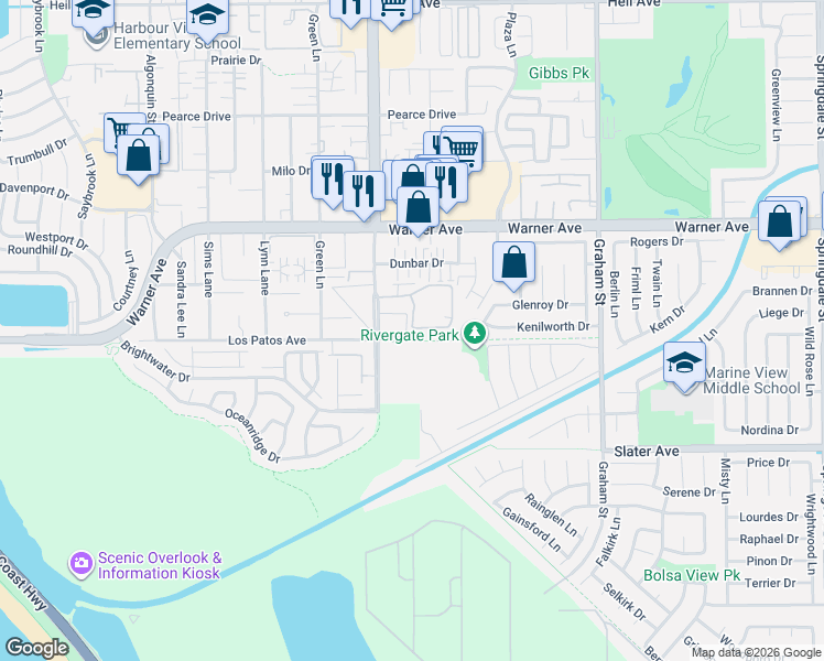 map of restaurants, bars, coffee shops, grocery stores, and more near 5101 Tortuga Drive in Huntington Beach