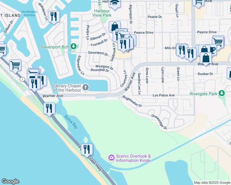 map of restaurants, bars, coffee shops, grocery stores, and more near 17188 Edgewater Lane in Huntington Beach