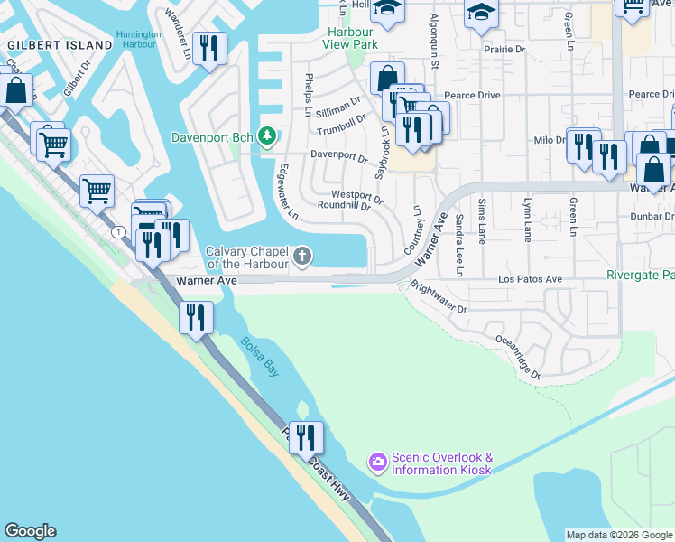 map of restaurants, bars, coffee shops, grocery stores, and more near 4281 Warner Avenue in Huntington Beach