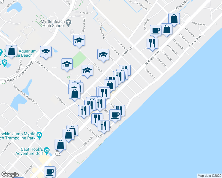map of restaurants, bars, coffee shops, grocery stores, and more near 510 32nd Avenue North in Myrtle Beach