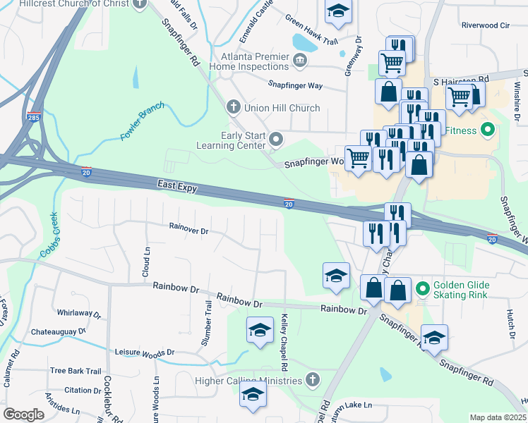 map of restaurants, bars, coffee shops, grocery stores, and more near 2578 Shadowbrook Drive in Decatur